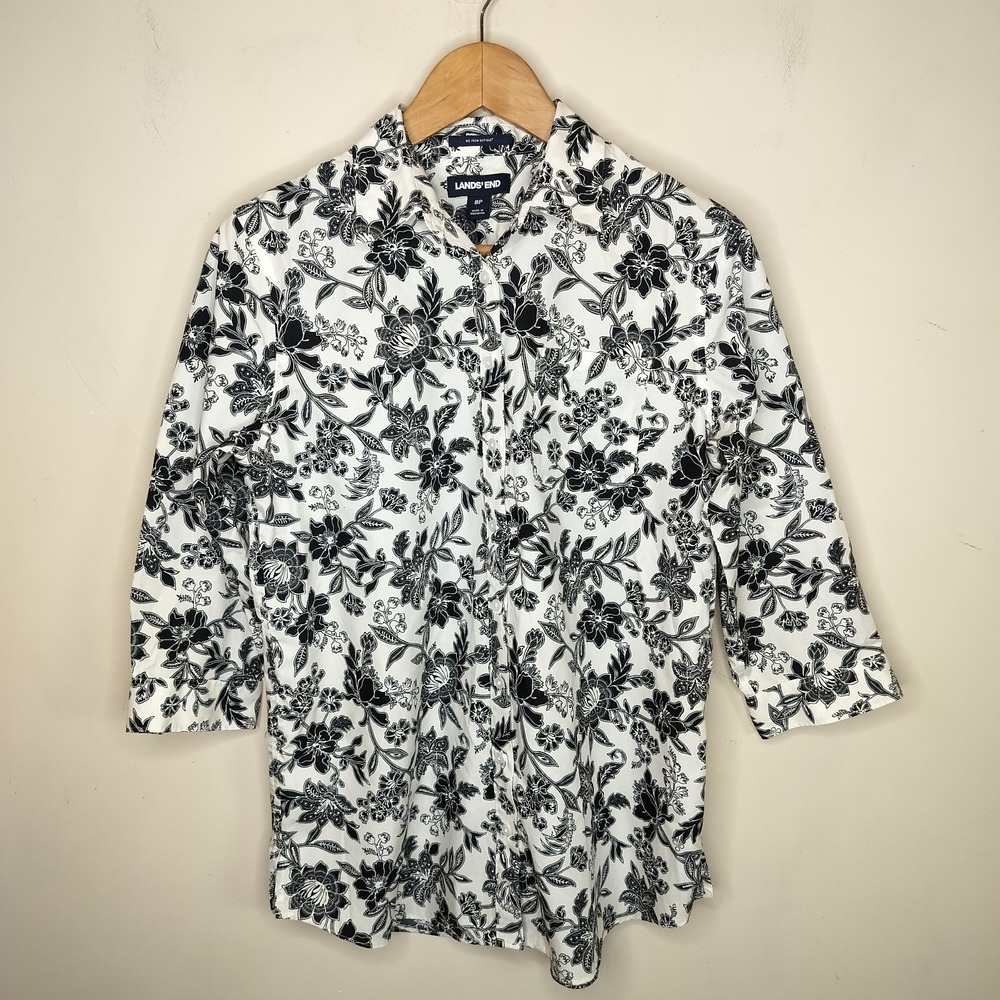 Lands End Floral No Iron Supima Button Up Shirt
